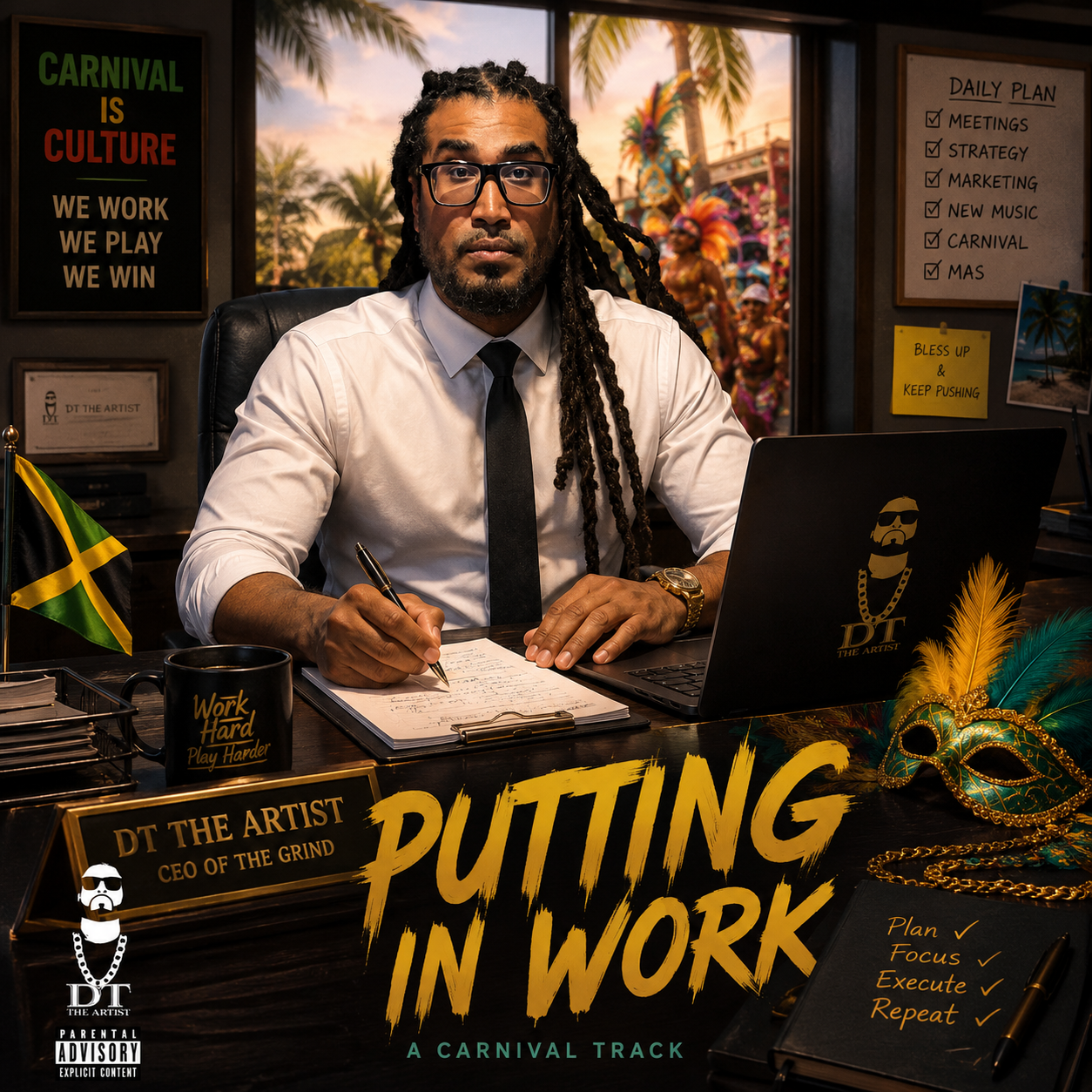 Supplied Putting In Work artwork showing DT The Artist at a desk with carnival imagery.